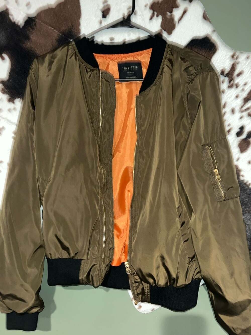 Love Tree Women's Olive Green Bomber Jacket with Orange Lining